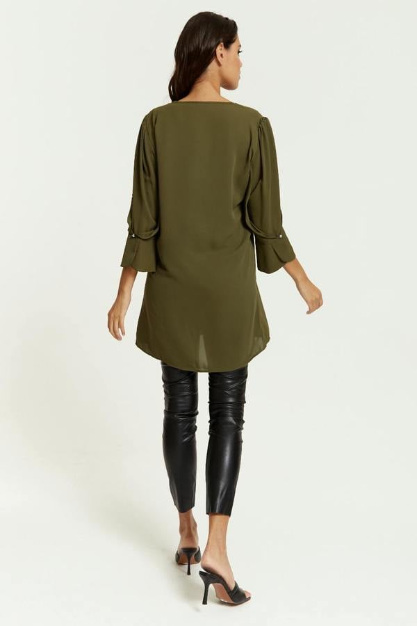 Hoxton Gal Oversized Detailed Sleeves V Neck Tunic in Khaki