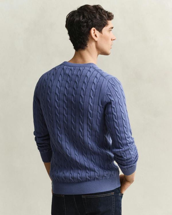 GANT Mens Cotton Cable Knit Crew Neck Jumper - 476 Blue Horizon | CHO | Designer Mens Jumpers