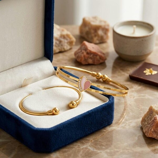 The Colourful Aura Gold Pink Heart Bangle Bracelet