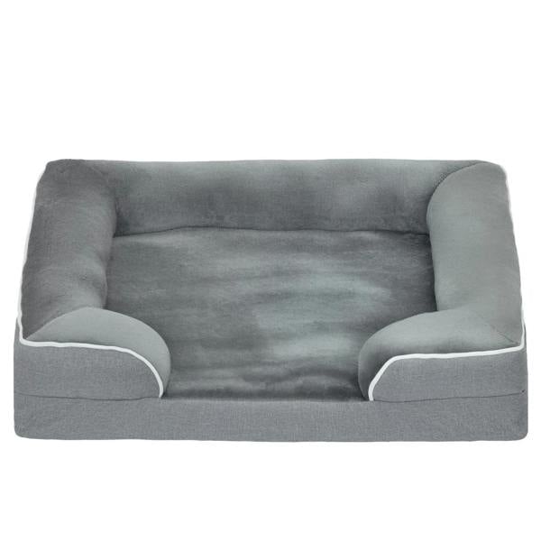 Grey pet sofa bed with padded bolsters, rectangular upholstered design