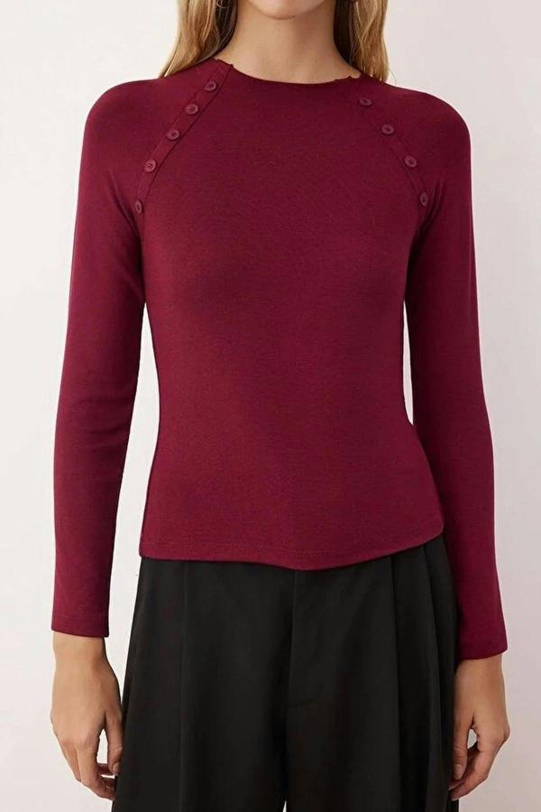 WOVCOR Stand Collar Knit Blouse with Button Detail