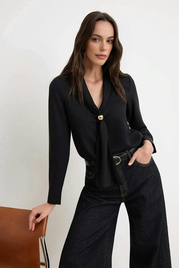 WOVCOR Fular Neck Accessory Detail Long Sleeve Satin Blouse