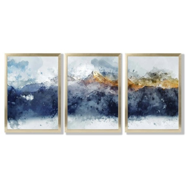 Artze Wall Art Framed Set of 3 Blue Yellow Mountain Art Prints