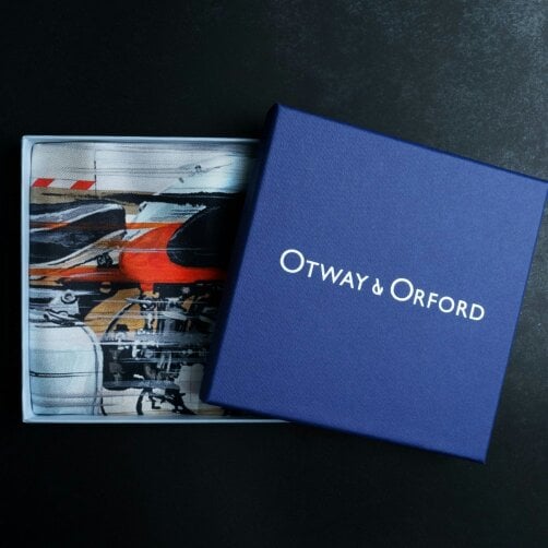Otway & Orford 'Vintage Velocity' motorcycle silk pocket square in red, pale blue, black & brown (42 x 42cm)