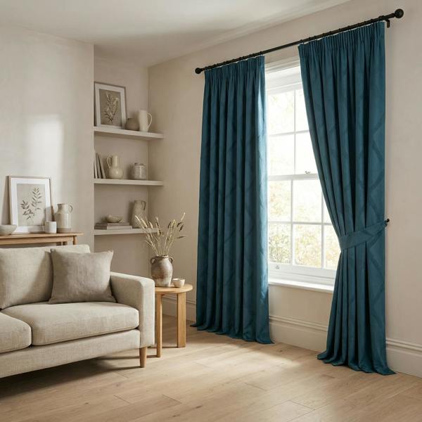 Lisbon made-to-measure curtains in Petrol, styled in a living room