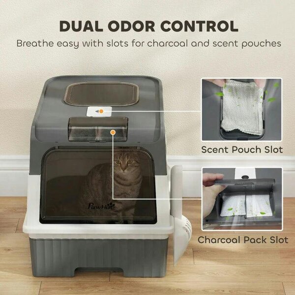 Enclosed Cat Litter Box with Lid, Pull-Out Drawer Tray, Scoop, 2 Deodorisation Bags, Front Entry & Top Exit, Grey