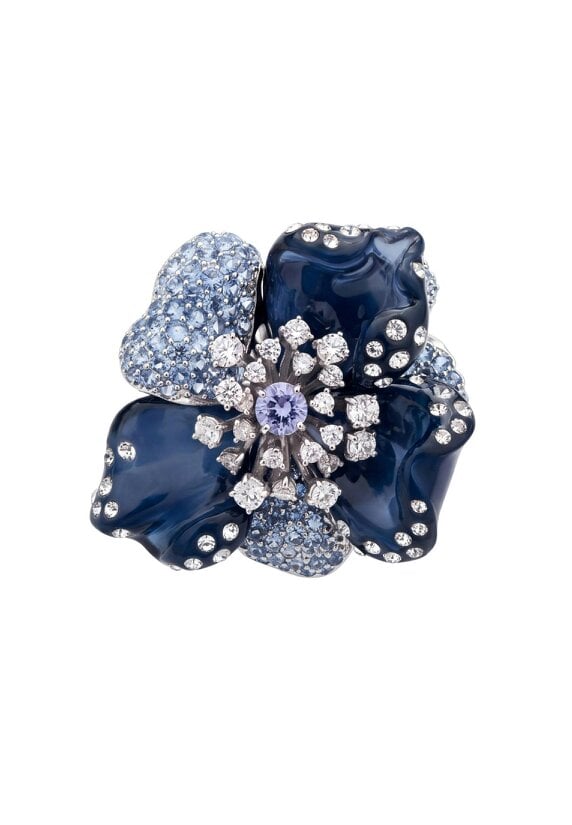 Latelita Blue Orchid Flower Cocktail Ring Silver