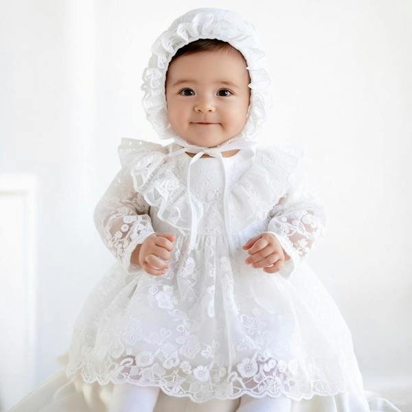 Sequin and Lace Christening Party Dress with Bonnet