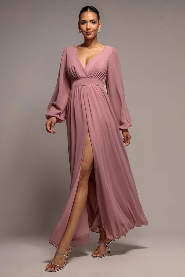 Wrap Back With Front Slit Chiffon Maxi Dress - Lilac DR2800