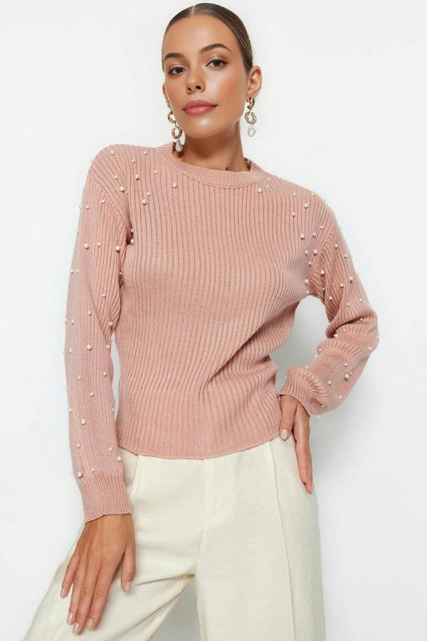 WOVCOR Crew Neck Knit Sweater with Pearl Details