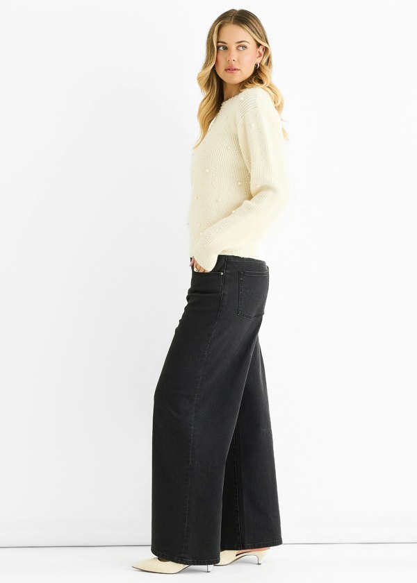 Gini London Cream Pearl Studded High Neck Knit Jumper