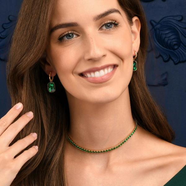 Zavana Green Rectangle Crystal Dangle Earrings on Small Hoops