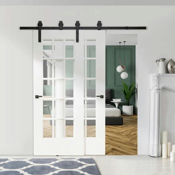 6.6FT/200cm Sliding Barn Door Hardware Track Kit, 90kg Heavy Duty Carbon Steel Sliding Door Rail for 2 Doors, Black - Black