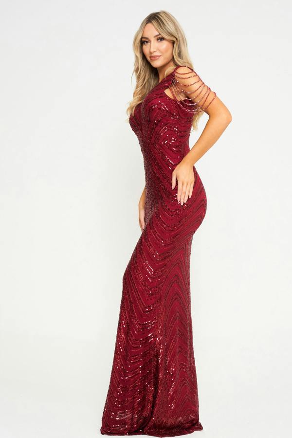 LuvForever Nuri - Wine Jewelled Sleeve Sequin Maxi Dress