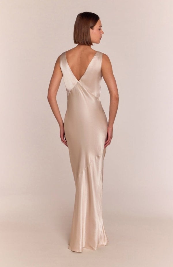 Rewritten London Amelia Dress in Champagne Satin