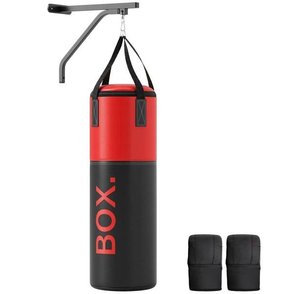 Red and black unfilled punching bag with hanging bracket and boxing gloves