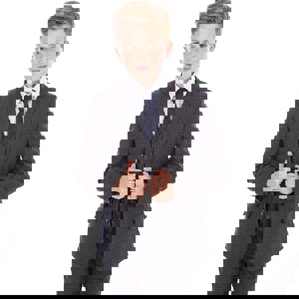 young boy wearing grey suit with jacket