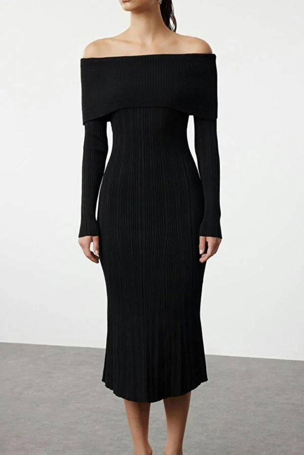 WOVCOR Midi Knit Basic Carmen Collar Dress