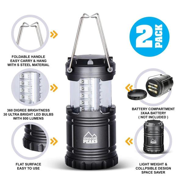 Adventure Peaks Camping Lantern Battery Operated 2 Pack - 300 Lumen COB Camping Lamp Collapsible Tent Light with Handle