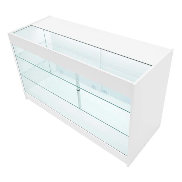 Polaris LED shop counter set in white, featuring a sleek design with glass shelves and a modern, minimalist aesthetic
