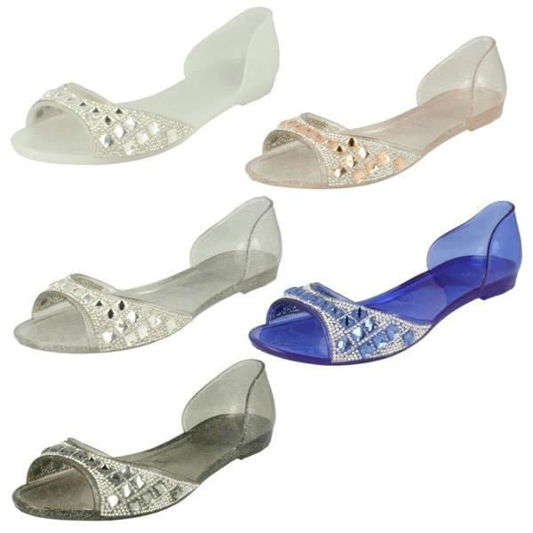 Spot On Ladies Spot On F0794  Open Toe Flat Ballerina With Jewelled Detailing