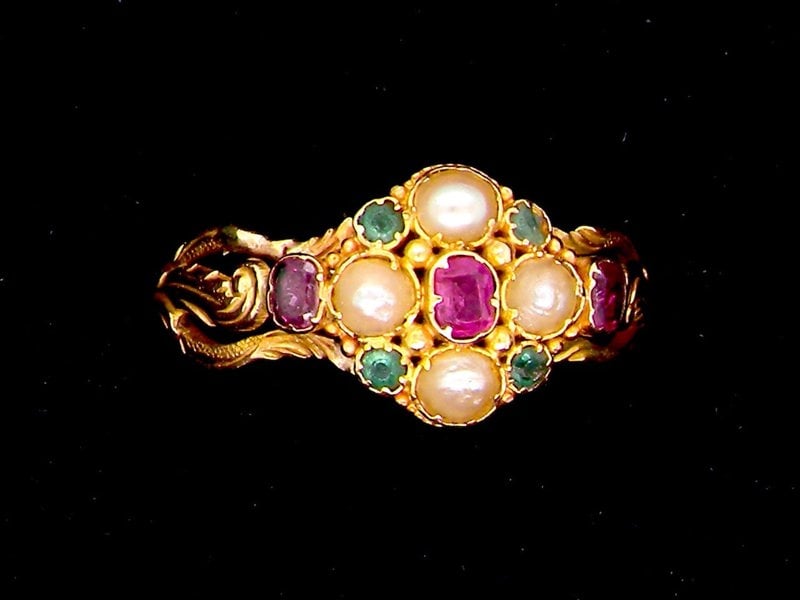 Vintage Tom A pretty Victorian emerald, ruby and pearl dress ring