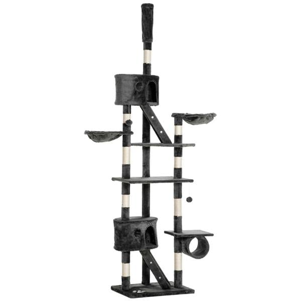 Dark grey floor-to-ceiling cat tree with sisal-wrapped posts, platforms, and ladder