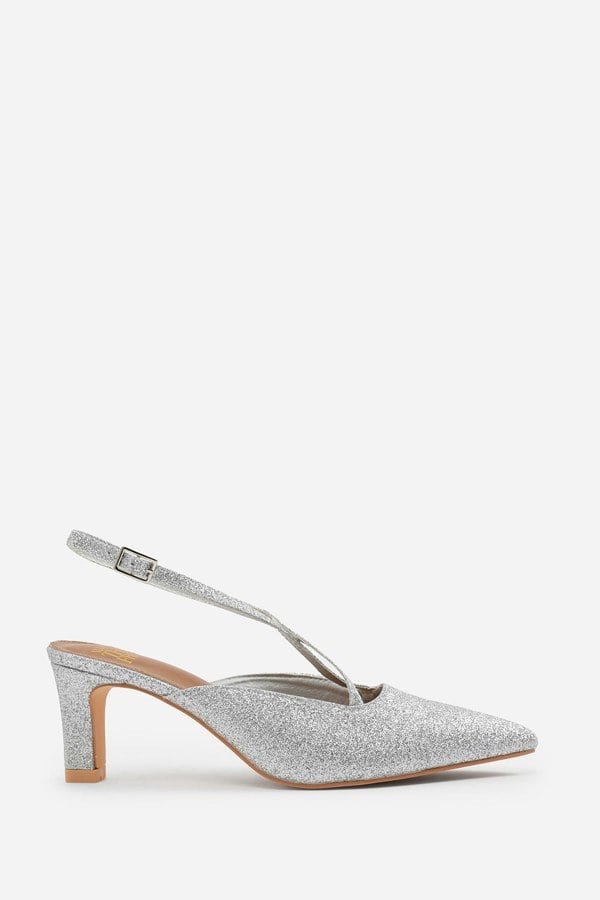 Where's That From Austen Pointed Toe Low Block Heel With Cross Over Ankle Strap in Silver Fine Glitter