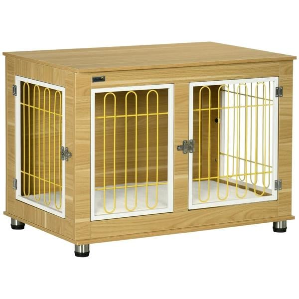 Oak-tone dog crate end table with double front doors and wire panels.