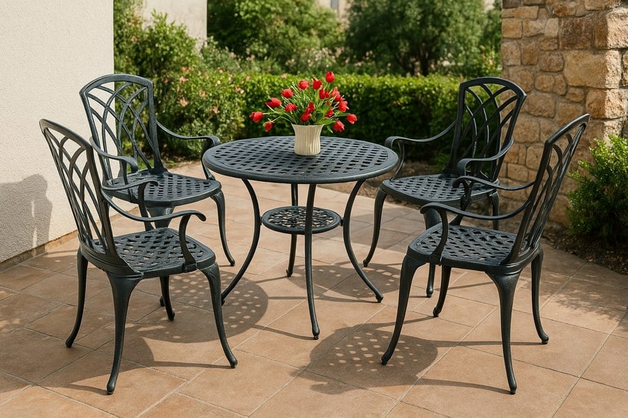 Centurion Supports OSHOWA Garden and Patio Table and 4 Large Chairs with Armrests Cast Aluminium Bistro Set - Black