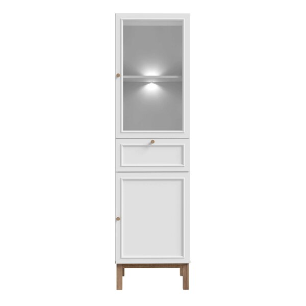Wyld Haus Niva Light Grey and Natural Oak Effect Display Cabinet with LED Lighting 2 Doors 1 Drawer