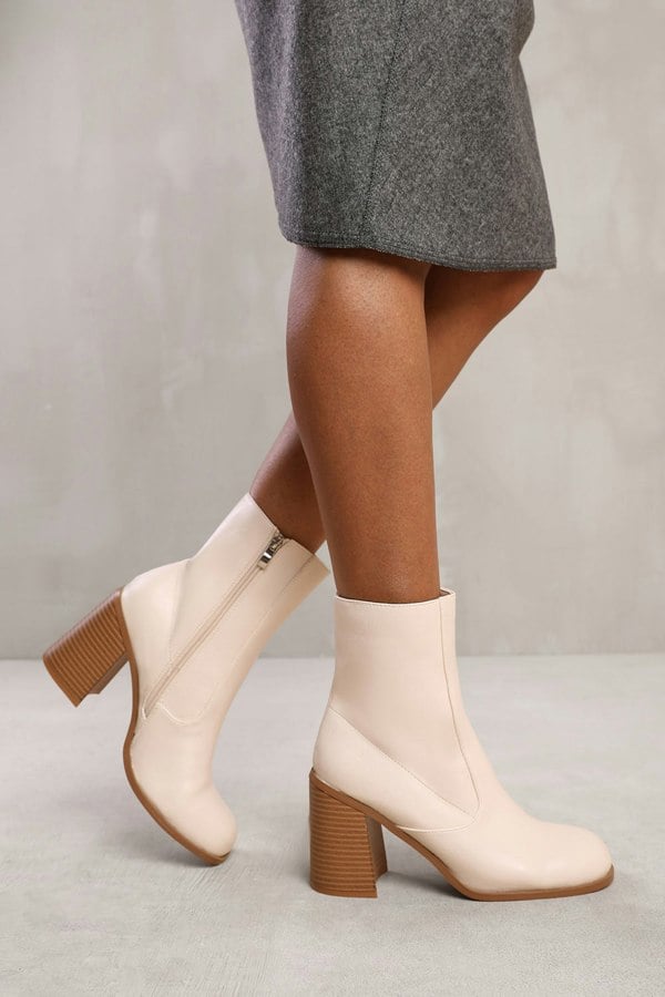 Where's That From Wren Ankle Boot With Chunky Heel and Side Zip in Cream Faux Leather