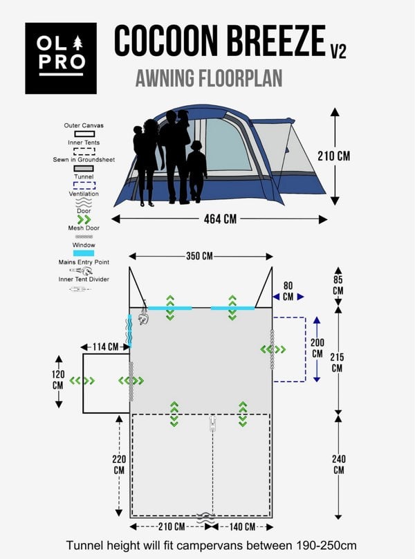 Cocoon Breeze® v2 Campervan Awning OLPRO specification and footprint graphic, imageset:Charcoal