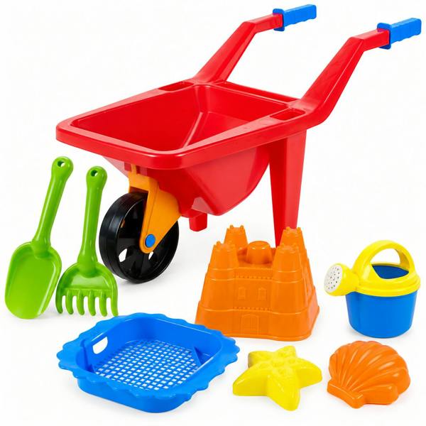ATEK Kids Beach Wheelbarrow Sand Toy Set with Bucket Spade Rake Moulds & Sieve Red