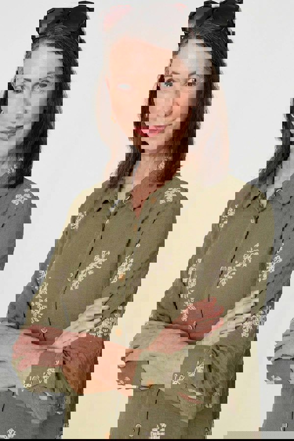 Khaki | Snowflake Embroidered Long Sleeve Shirt
