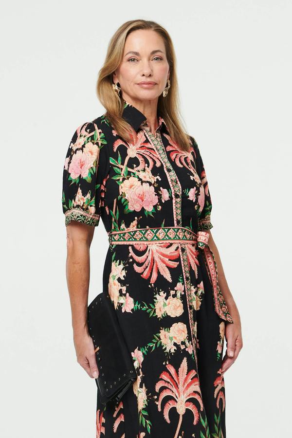 Black | Floral 1/2 Sleeve Tie Waist Maxi Dress