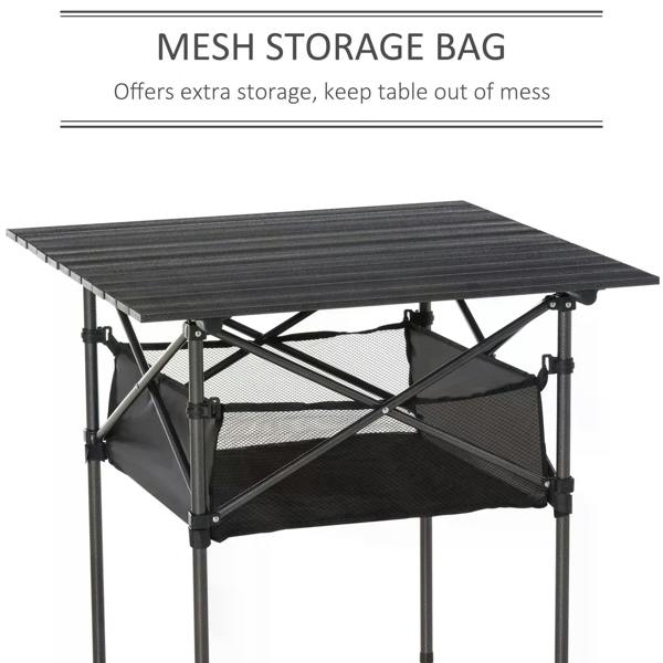Black folding camping table with mesh storage shelf and ridged tabletop.