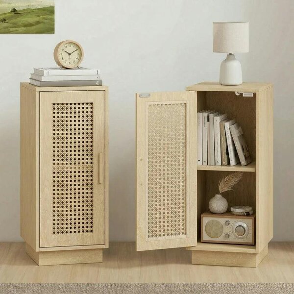 Bobobiy Set of 2 Bedside Tables with Rattan-Decor Doors, Boho Slim Nightstands with Adjustable Shelf, Natural Wood Finish - Natural wood finish