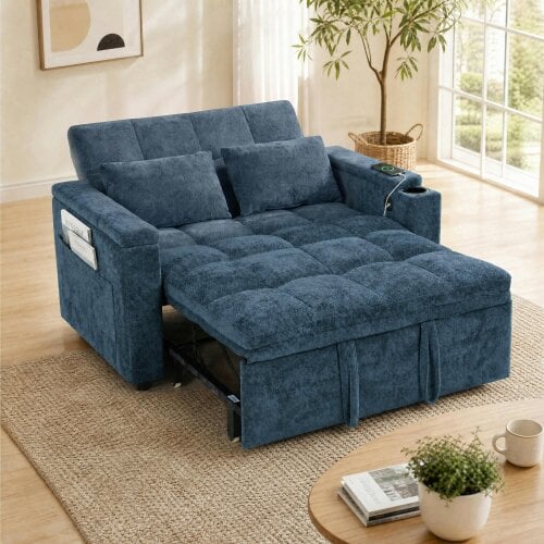 HOMCOM 2 Seater Sofa Bed with Armrest Storage, Side Pockets, Dark Blue