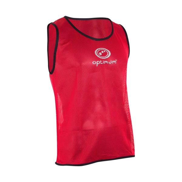 Red Optimum mesh training bib with black trim and white logo, front view on white - Optimum
