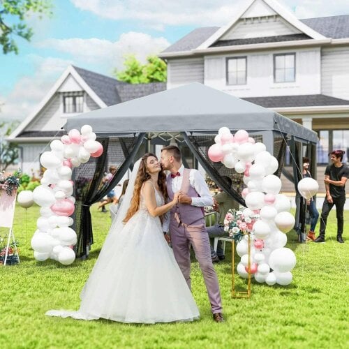 Bobobiy 3 x 6m Pop Up Gazebo, Outdoor Canopy Shelter, Marquee Party Wedding Tent with 6 Mesh Walls and Carry Bag, Grey