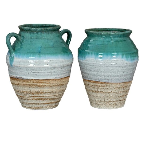Wyld Haus Rustic Ombre Turquoise Blue and Sand Glazed Ceramic Vase with Handles