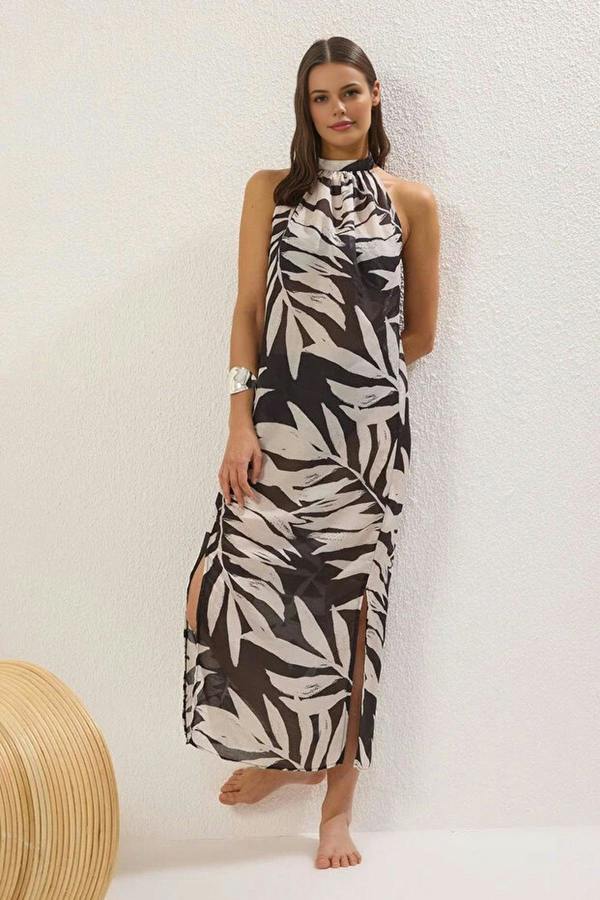 WOVCOR Tropical Patterned Woven Slit Maxi Beach Dress