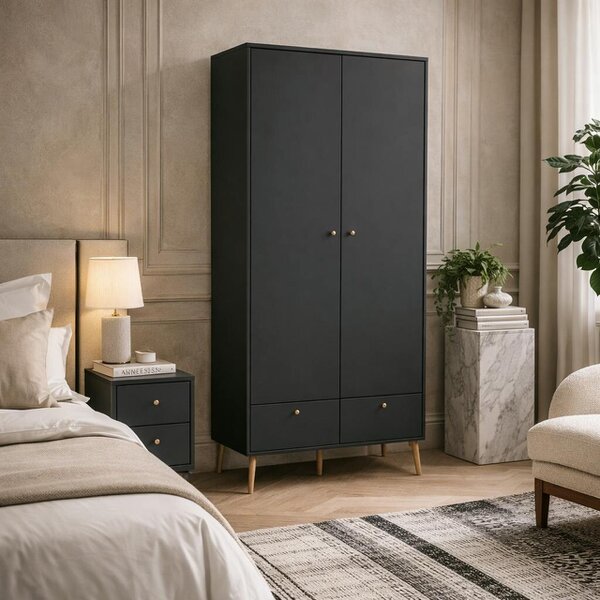 Wyld Haus Quietbloom Dark Grey Wooden Wardrobe with 2 Doors 2 Drawers