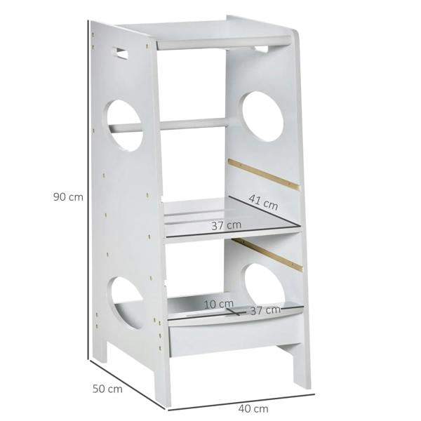 Kids step stool tower with adjustable platform, white frame, side view with dimensions