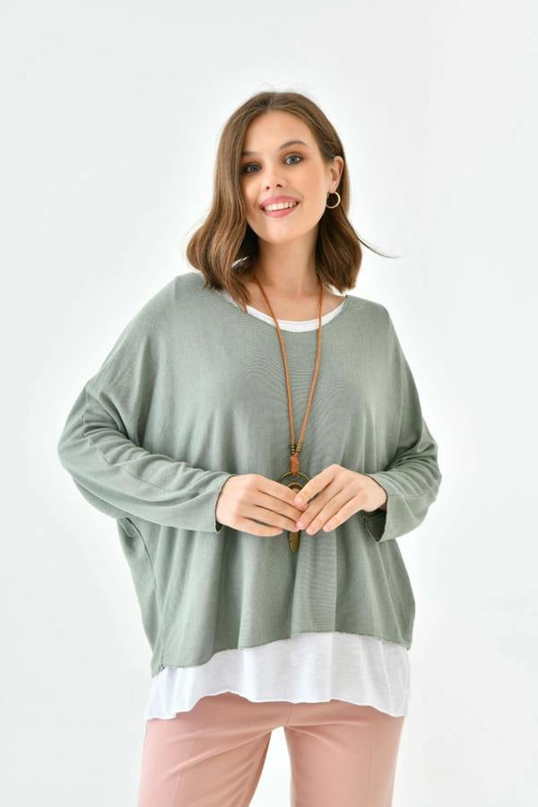 Hoxton Gal Oversized Long Sleeve Layered Blouse With Necklace in Green and White