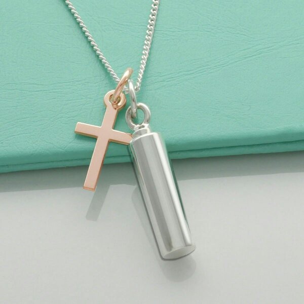 Christopher James of London Sterling Silver Small Cylindrical Urn Cremation Ashes Pendant and Cross With Optional Engraving & Chain
