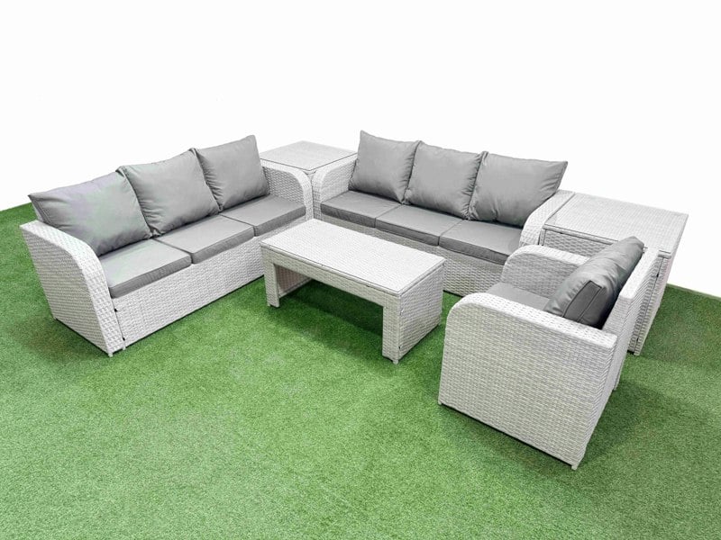Fimous 7-Seater Poly Rattan Garden Furniture Set - Light Grey Outdoor Patio Sofa with Oblong Coffee Table & Reclining Chair