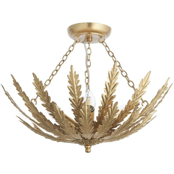 Ornate Gold Flush Ceiling Light - Decorative Leaf Design Dimmable 3 Bulb Pendant