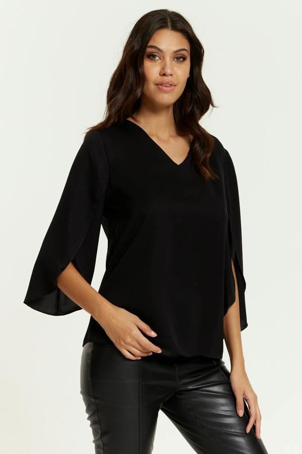Hoxton Gal Oversized V Neck Top with Split Sleeves in Black